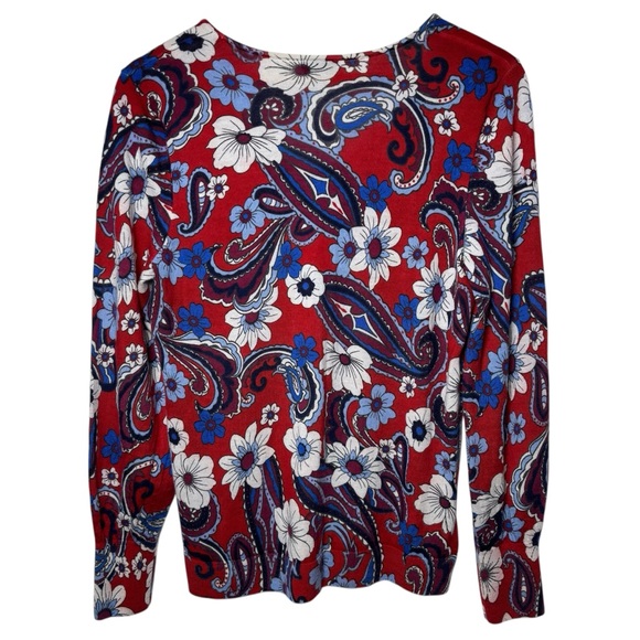 Talbots Audrey Sweater Large 100% Pure Merino Wool Long Sleeve Floral Red Blue - Picture 2 of 11